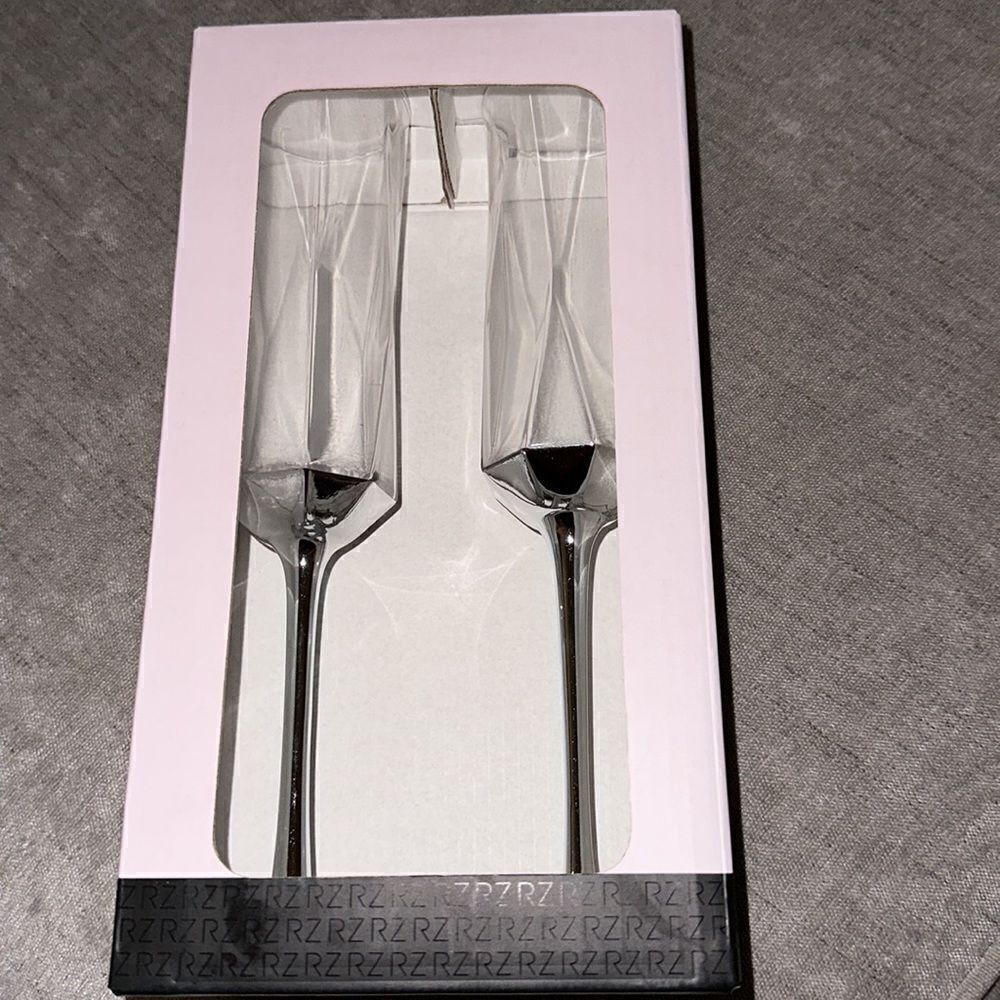 🔥Rachel Zoe Long Champagne Flute Glass Silver Set of Two!